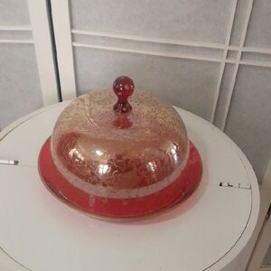 Pier 1 Red and Gold Glass Polka Dot Dish with Dome